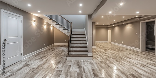 Modern Basement Interior with Wooden Stairs and Hardwood Flooring