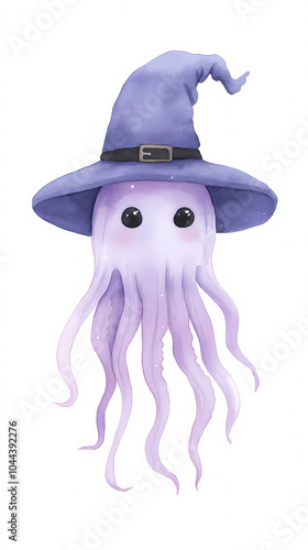 This enchanting illustration features a delightful octopus adorned with a whimsical wizard hat blending fantasy and marine charm