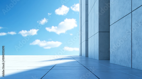 modern architectural scene featuring sleek concrete structure against bright blue sky with fluffy clouds. clean lines and minimalist design evoke sense of tranquility and openness