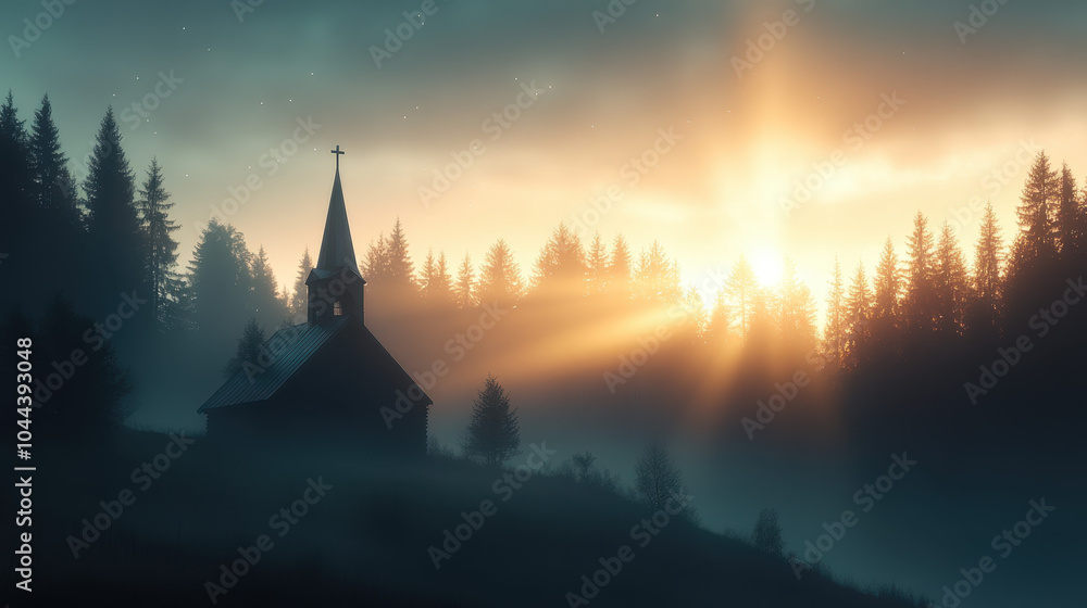 Obraz premium serene church silhouette stands against misty forest backdrop, illuminated by warm glow of rising sun. tranquil scene evokes sense of peace and reflection