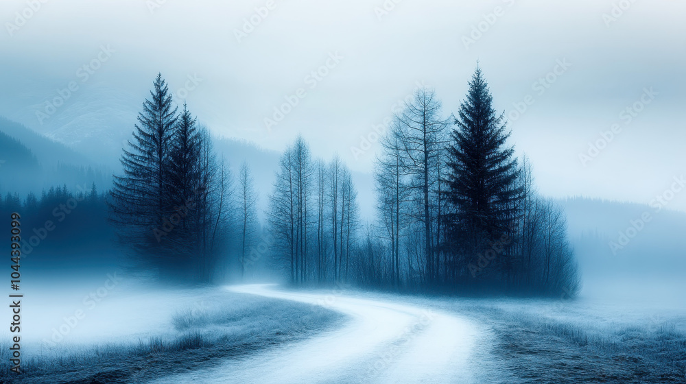 serene winter landscape featuring winding road surrounded by tall, misty trees. cool blue tones create tranquil and mysterious atmosphere, inviting exploration serene winter landscape featuring winding road surrounded by tall, misty trees. cool blue tones create tranquil and mysterious atmosphere, inviting exploration