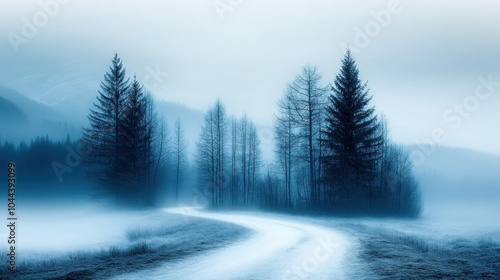 serene winter landscape featuring winding road surrounded by tall, misty trees. cool blue tones create tranquil and mysterious atmosphere, inviting exploration