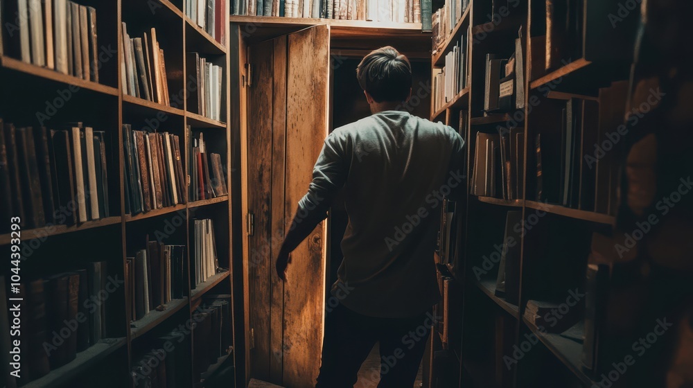 A person walks through a narrow passage between tall bookshelves, entering a mysterious wooden door in a cozy library. A person walks through a narrow passage between tall bookshelves, entering a mysterious wooden door in a cozy library.