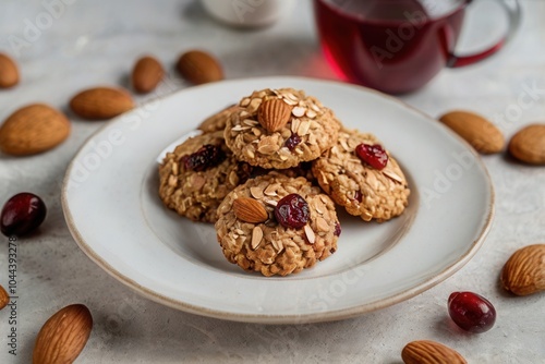 a plate of crunchy oatmeal cookies with walnuts and cranberries