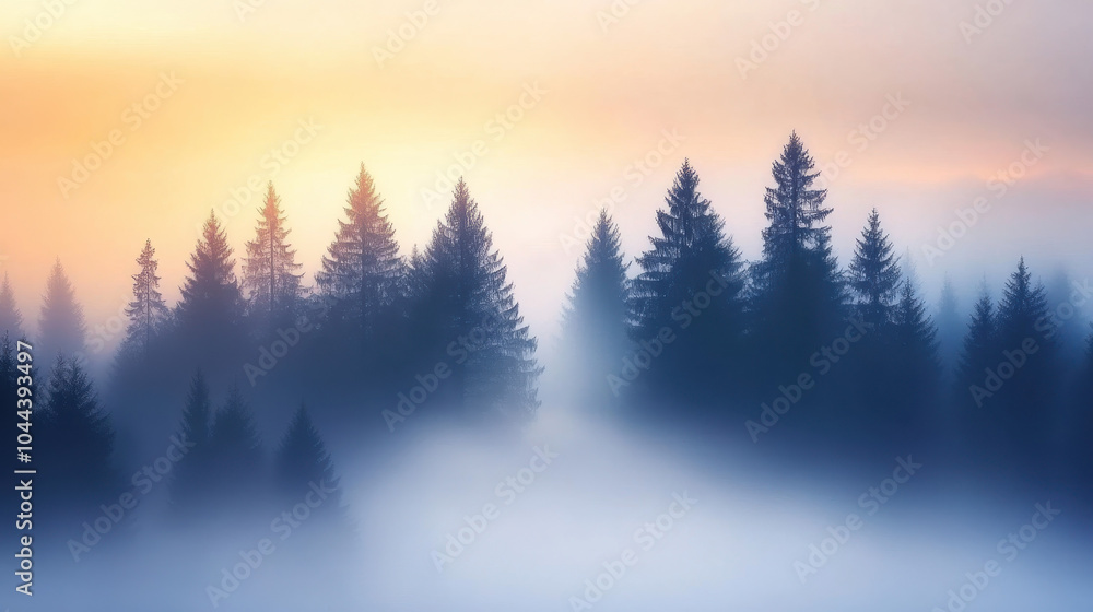 Misty forest landscape at dawn with silhouettes of evergreen trees, creating serene and tranquil atmosphere. soft colors of sky blend beautifully with fog Misty forest landscape at dawn with silhouettes of evergreen trees, creating serene and tranquil atmosphere. soft colors of sky blend beautifully with fog