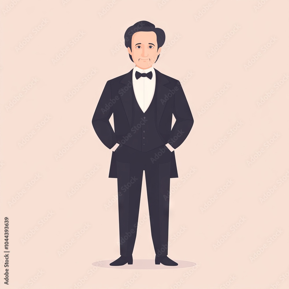 Obraz premium A cartoonish illustration of a man in a tuxedo with a neutral expression.