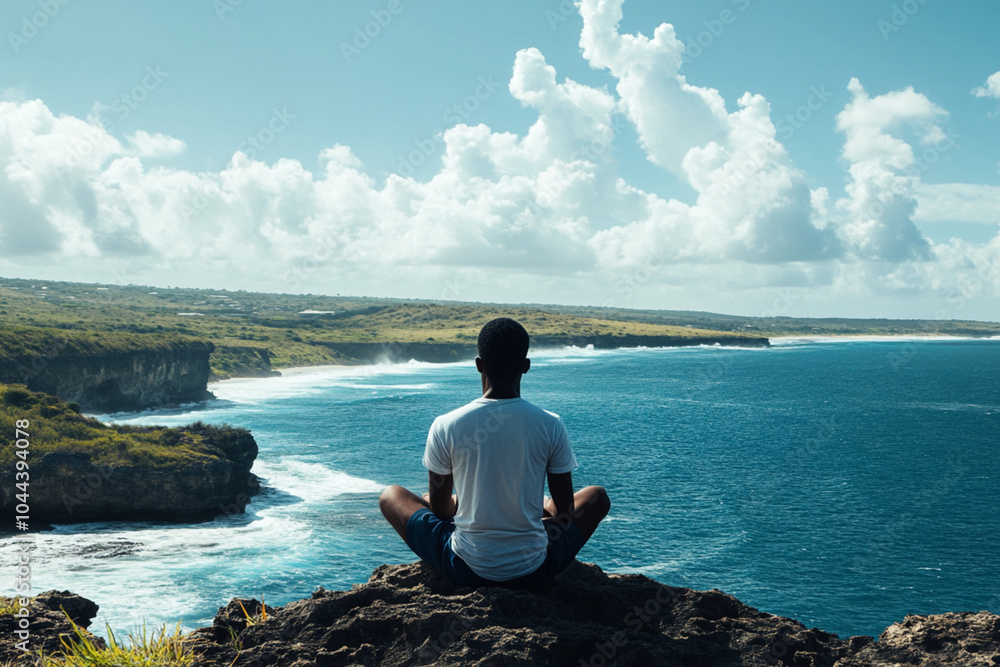 A man is sitting on a rock overlooking the ocean A man is sitting on a rock overlooking the ocean