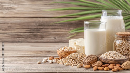 Vegan plant-based milk in glass containers with a variety of ingredients including grains and nuts on a wooden background