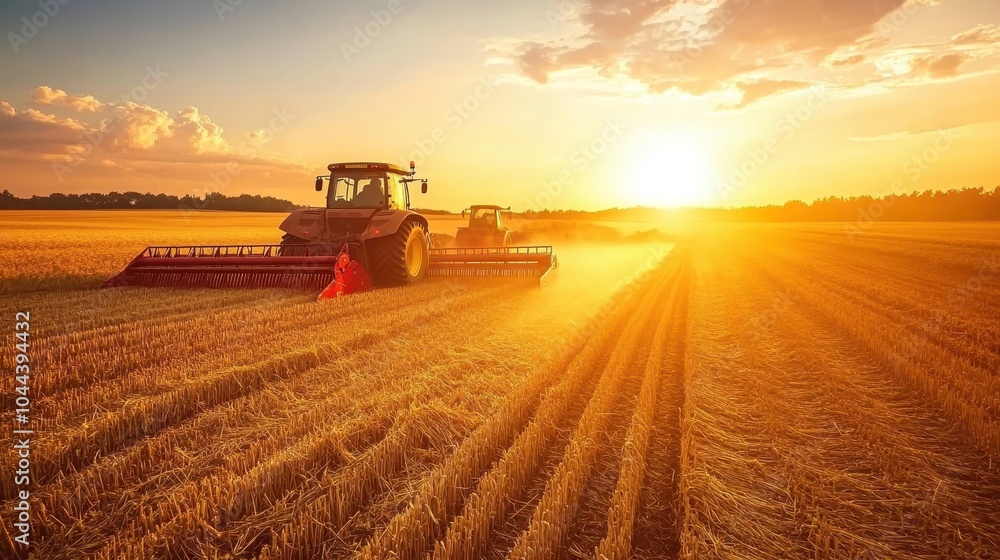Fototapeta premium Farmers Harvesting Crops at Sunset in a Field