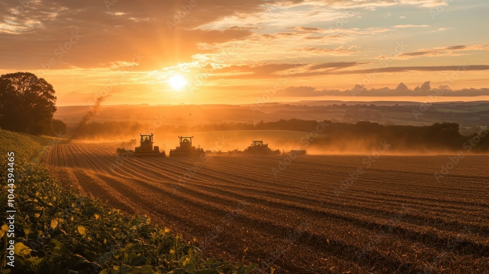 Sunset Harvesting on a Farmer's Field with Tractors Sunset Harvesting on a Farmer's Field with Tractors