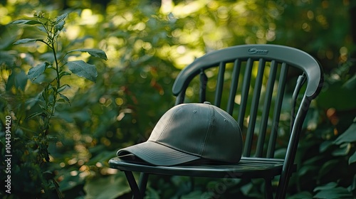 Green Cap on Chair Surrounded by Lush Foliage