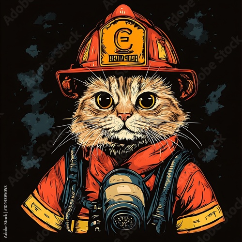 A cute cat wearing a firefighter helmet, jacket, and a gas mask. photo