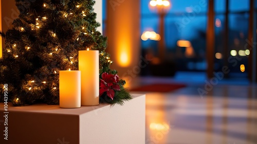 Festive candles and Christmas decor create a warm ambiance in a cozy indoor setting. photo