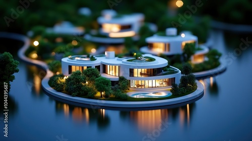 Modern luxury houses on an island, surrounded by water and illuminated at night. photo