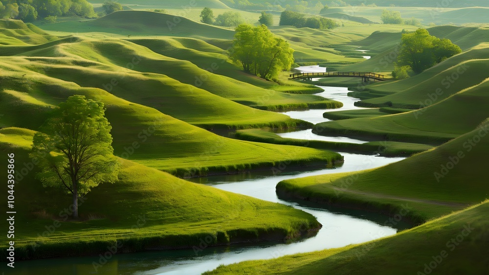 Serene River Winding Through Lush Green Hills. Generative AI Serene River Winding Through Lush Green Hills. Generative AI