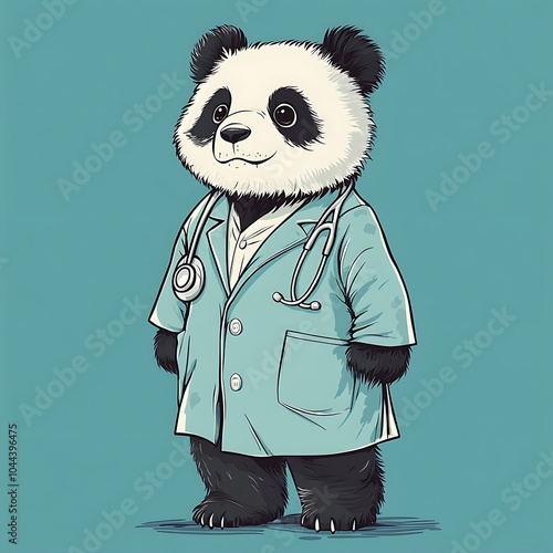 A cute panda bear dressed as a doctor with a stethoscope around its neck, standing on a blue background.