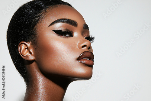 african american female model with flawless makeup, dramatic side lighting, neutral backdrop, commercial beauty