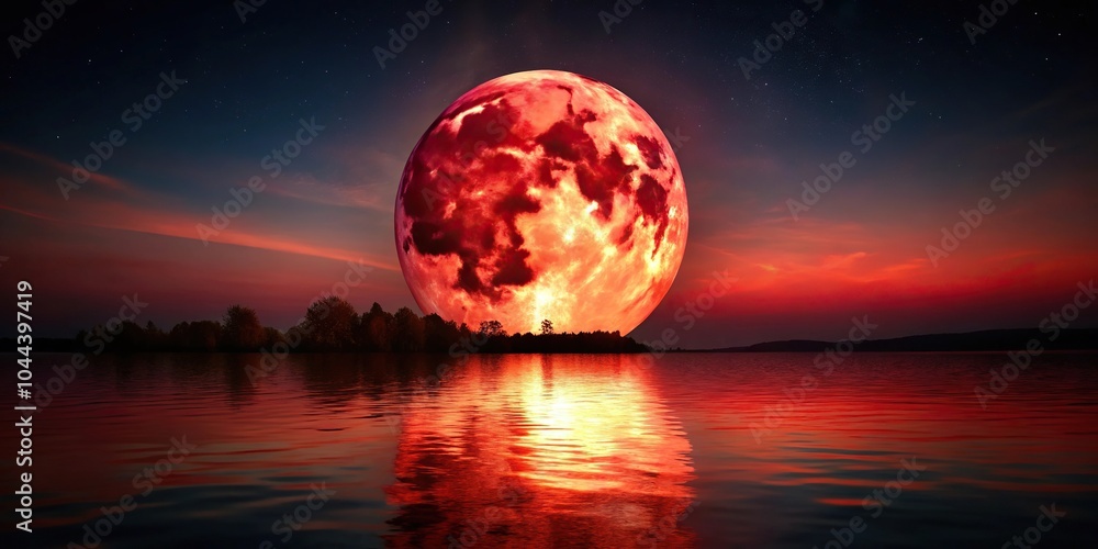 Red moon rising over silhouette landscape casting crimson glow on water Red moon rising over silhouette landscape casting crimson glow on water