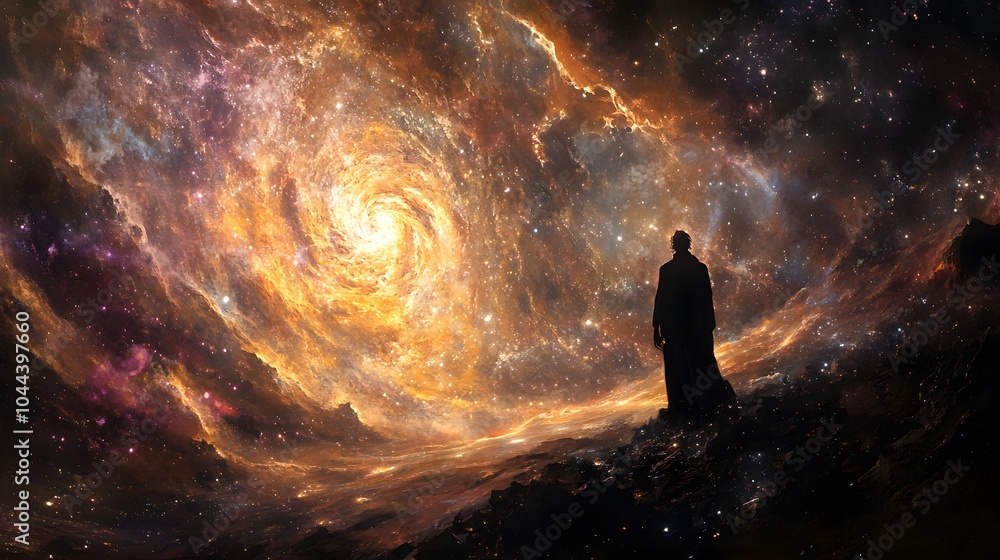 Fototapeta premium A celestial backdrop where the being's aura interacts with the cosmic tapestry of stars and galaxies