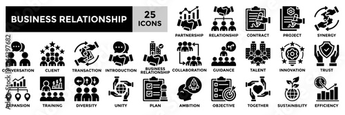 Business Relationship  icon collection set. Containing relationship,collaboration,partnership,client,communication icon. Simple black fill vector illustration.