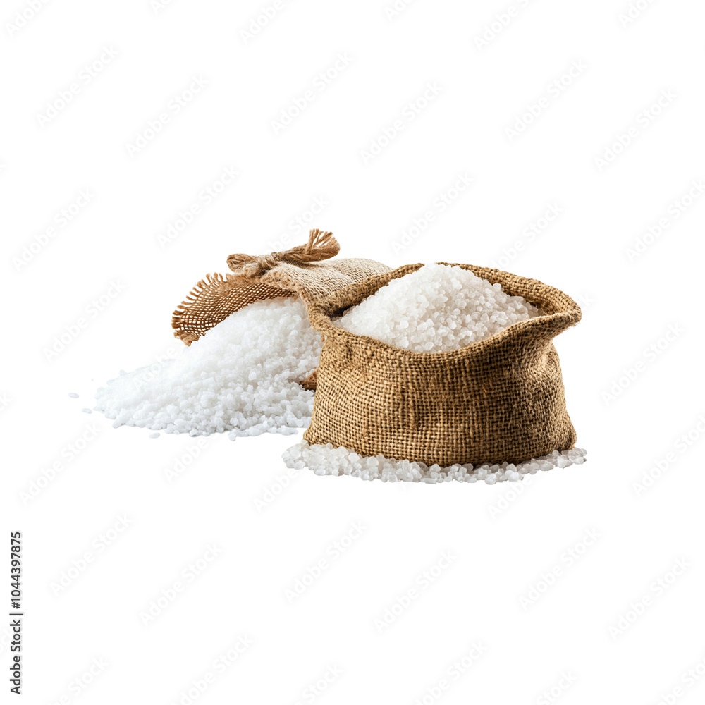 Burlap sack with salt crystals spilling out Isolated on white background Burlap sack with salt crystals spilling out Isolated on white background