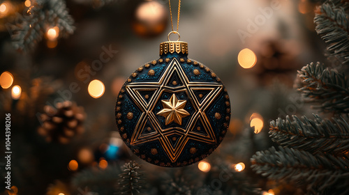 Decorative Hanukkah ornament with Star of David hanging on festive tree photo