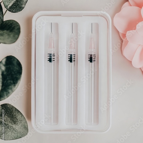 Three clear applicators in a white case, surrounded by decorative elements. photo