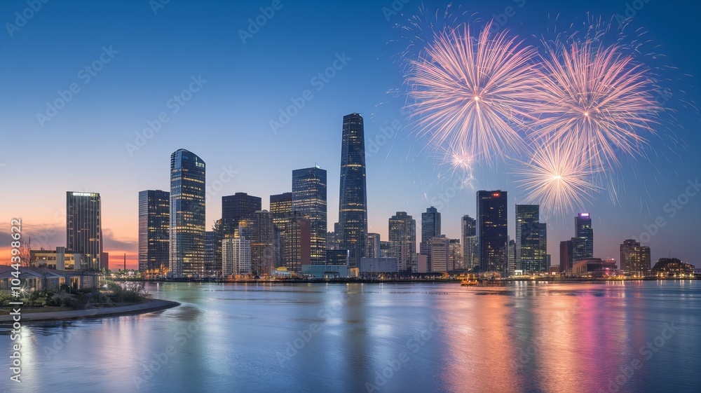 Obraz premium City skyline with fireworks at night