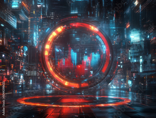 A futuristic cityscape with a large red circle in the center. The circle is surrounded by buildings and lights, giving the impression of a futuristic, high-tech environment