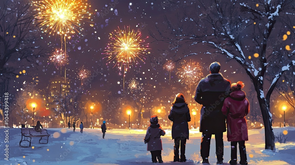 Obraz premium A family bundled up in coats and scarves, watching a fireworks show in a snowy park on New Year's Eve, with warm lights twinkling around them.