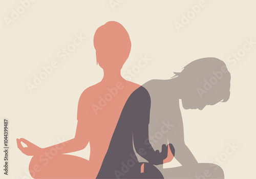 Metaphor of bipolar disorder. Split or dual personality. Mood disorder. Silhouettes of woman in depression and happy woman in lotus yoga pose. Psychology, mental health. Positive and negative mindset