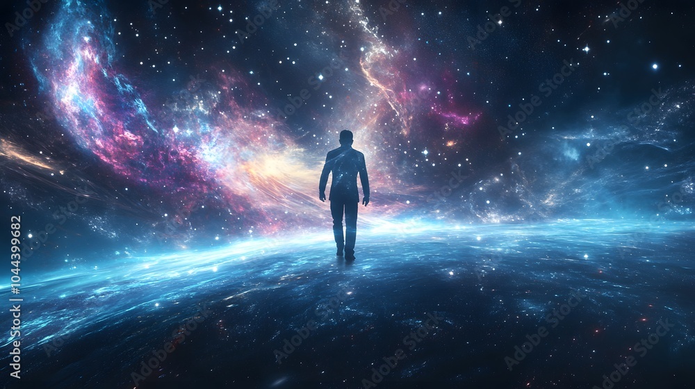 The being's presence commanding a gentle gravity pulling cosmic elements into alignment around it The being's presence commanding a gentle gravity pulling cosmic elements into alignment around it