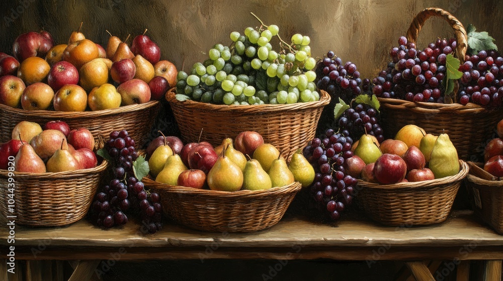 A farmer's market scene with baskets of apples, pears, and grapes on display. A farmer's market scene with baskets of apples, pears, and grapes on display.