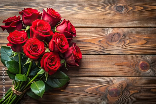 Red roses arranged on rustic wooden background