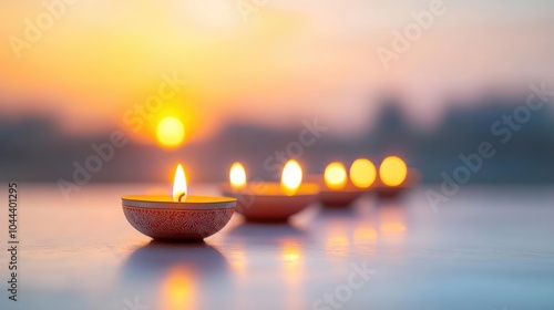 Close-up of glowing candles in a row, warm and serene, Festival of Lights tradition