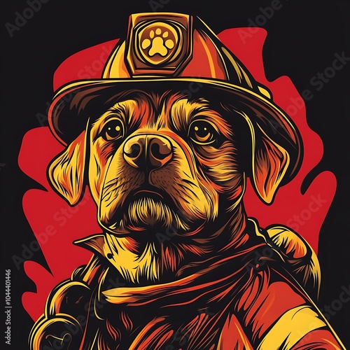 A dog wearing a firefighter's helmet and jacket, with a paw print badge on the helmet. photo