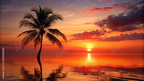 Red sunset palm tree reflection on sea photo