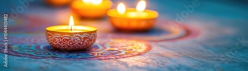 Close-up of intricate rangoli patterns with glowing candles, artistic Festival of Lights photo