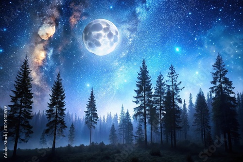 Serene forest landscape illuminated by moonlight, tranquil night scene, starry sky, silhouetted trees