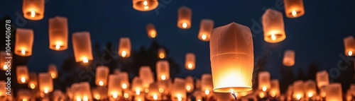 Crowd releasing lanterns into the sky, glowing brightly, Festival of Lights celebration photo