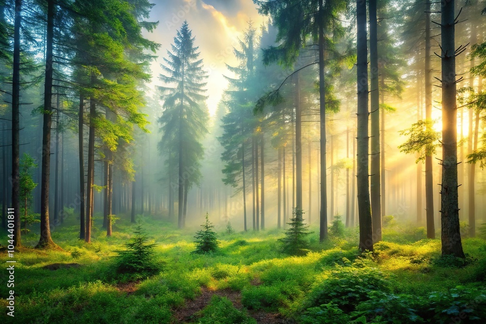 Fototapeta premium Serene forest landscape at dawn or dusk with soft lighting and fog silhouette