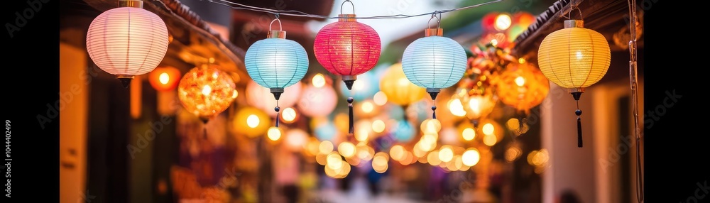 Street decorated with glowing lanterns and fairy lights, vibrant Festival of Lights Street decorated with glowing lanterns and fairy lights, vibrant Festival of Lights