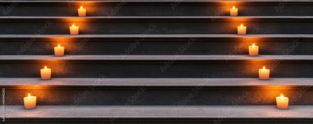 Temple steps decorated with glowing candles, golden light and festive atmosphere Temple steps decorated with glowing candles, golden light and festive atmosphere