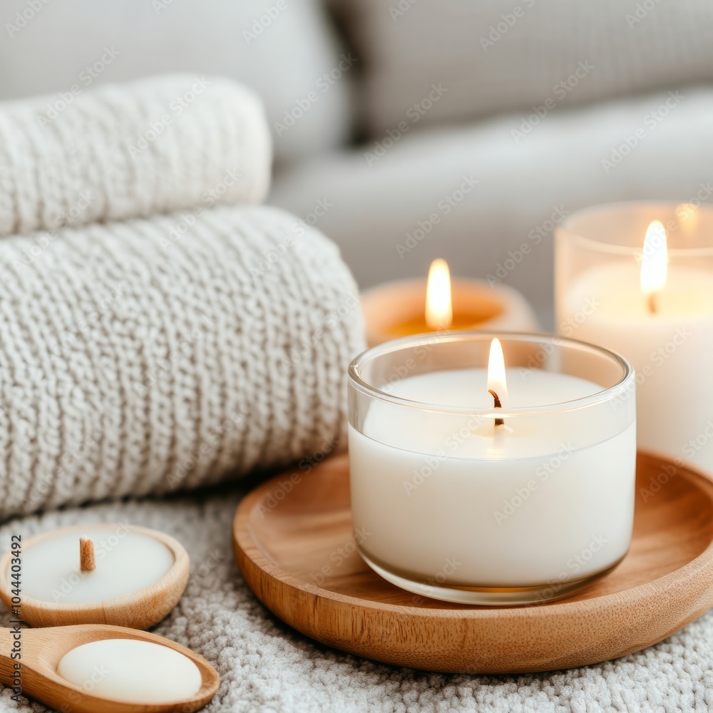 A serene arrangement of candles and towels for relaxation and ambiance. A serene arrangement of candles and towels for relaxation and ambiance.