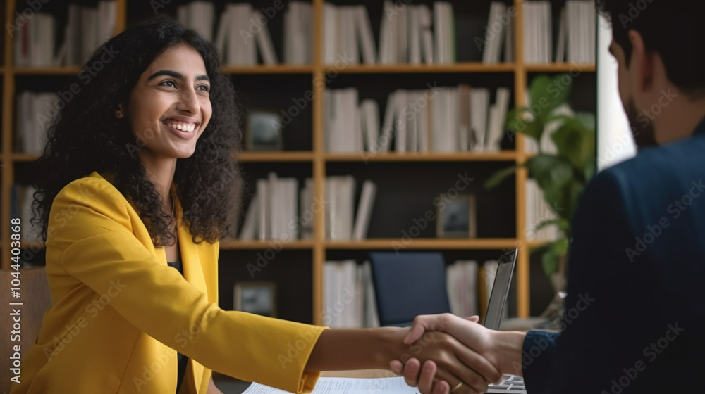 A happy businesswoman shaking hands with a male executive.