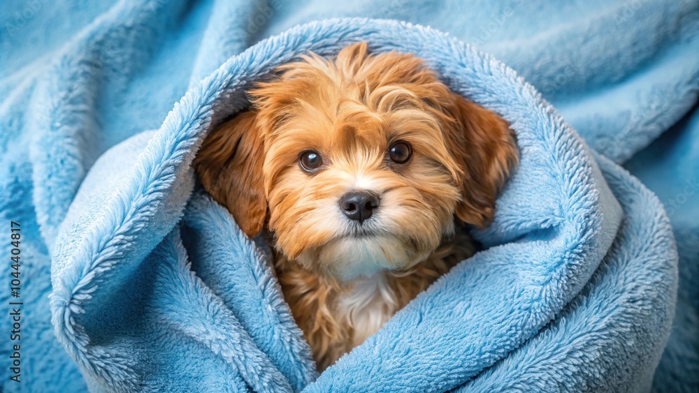Reddish Havanese puppy wrapped in blue towel after bath aerial view Reddish Havanese puppy wrapped in blue towel after bath aerial view