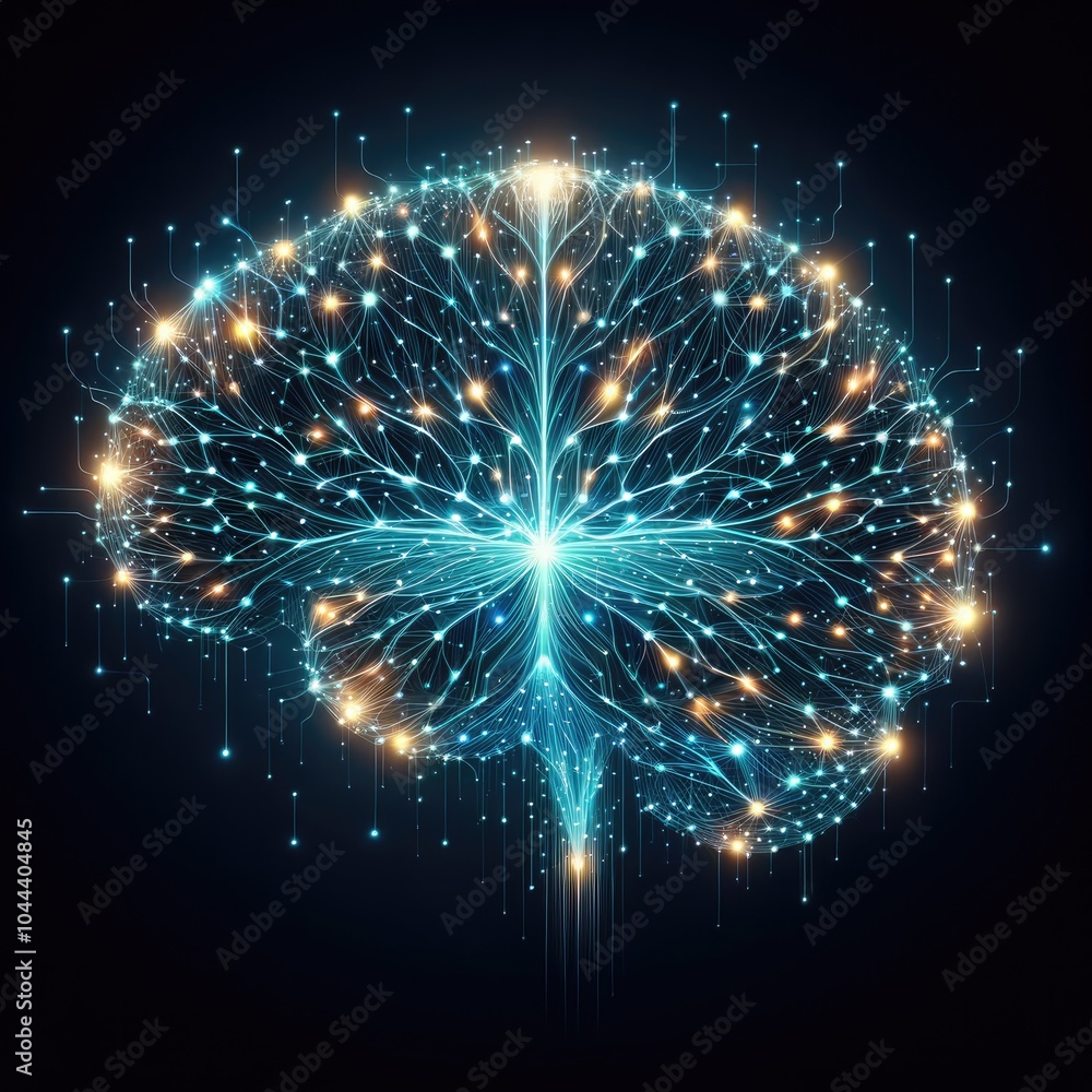 Fototapeta premium Glowing Neural Network in the Shape of a Human Brain: Futuristic Visualization Representing Artificial Intelligence, Machine Learning, Neural Pathways, and Dynamic Data Flow