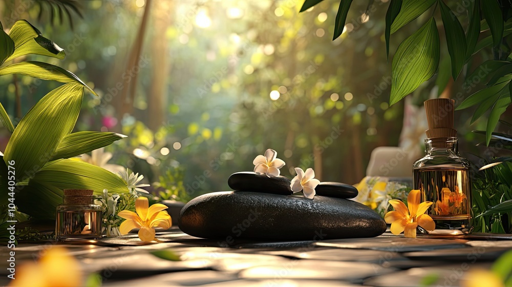 Spa Essentials with Black Stones, Flowers, and Essential Oil in a Lush Garden Setting Spa Essentials with Black Stones, Flowers, and Essential Oil in a Lush Garden Setting