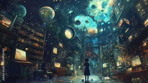 A girl stands in an otherworldly city, a library with bookshelves stretches into the distance, a vast starry sky is above with planets suspended in the air.