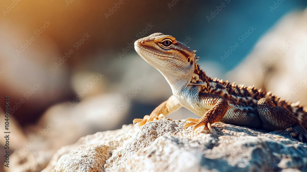 Fototapeta premium A close-up of a lizard basking on a rock in warm sunlight.